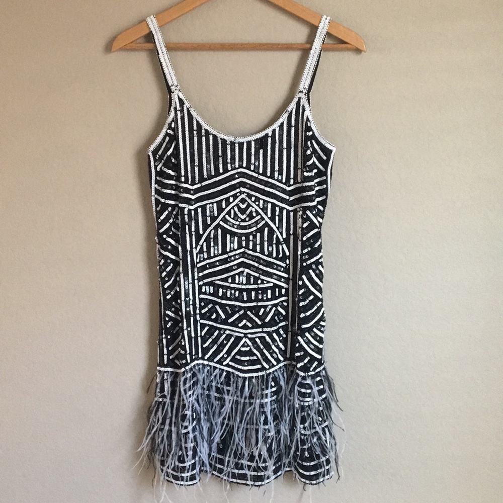 Parker Black And White Sequin Feather Dress